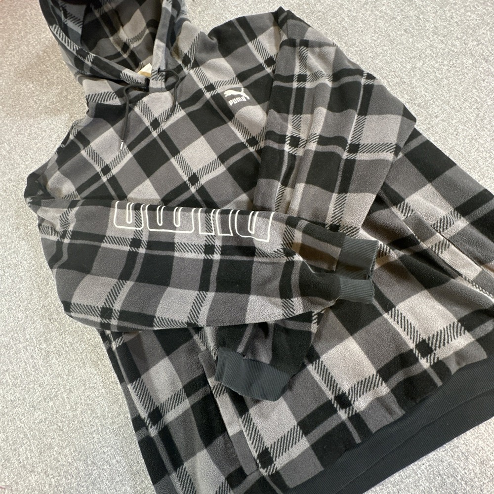 Puma Plaid Fleece Hoodie Mens XL‎ Black Grey Pullover Logo Streetwear